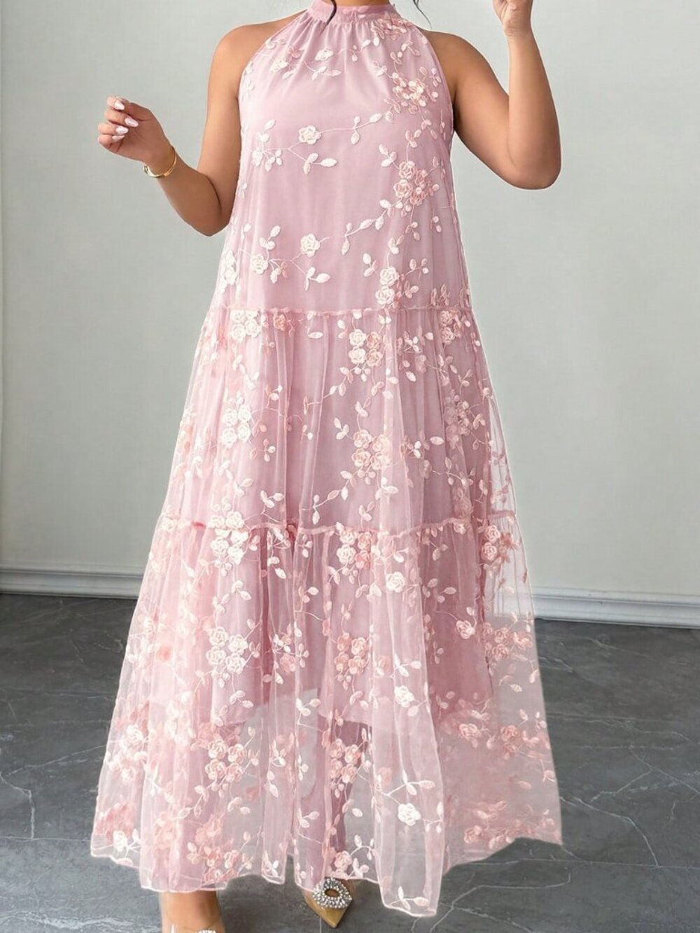 Pink Elegant Women's Plus Size Halter Dress - Picture 6 of 7